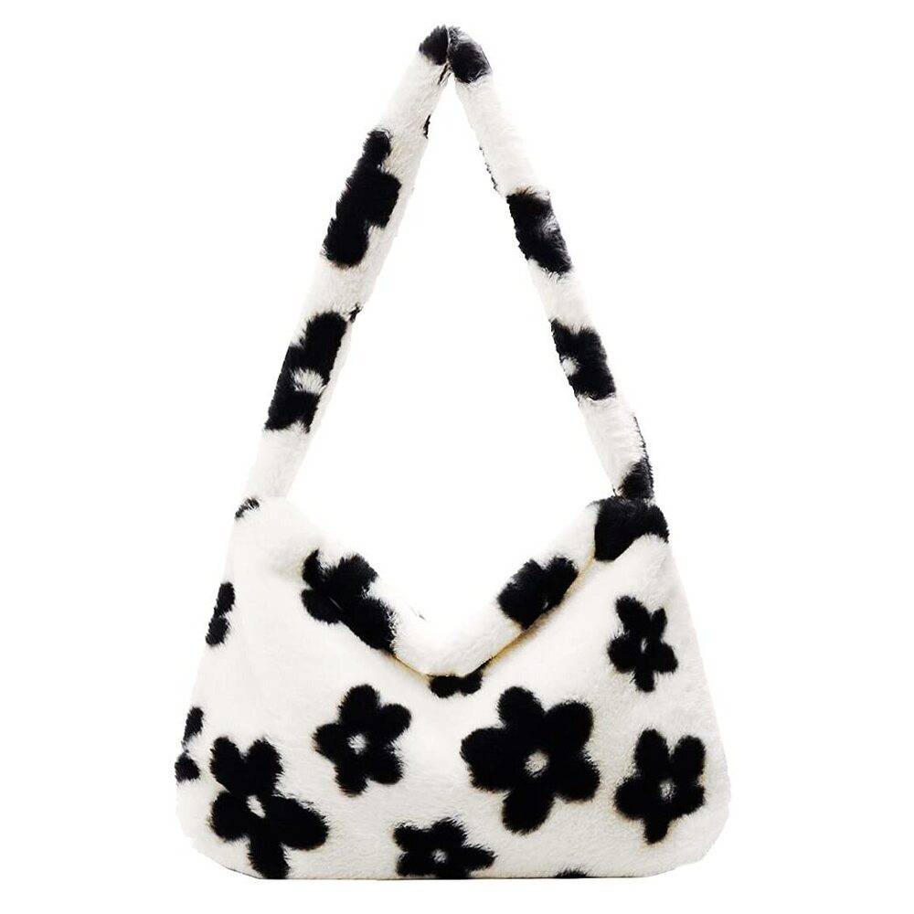 5368 Fluffy Faux Fur Cow Print Shoulder Bag Clutch Purse Underarm Handbag